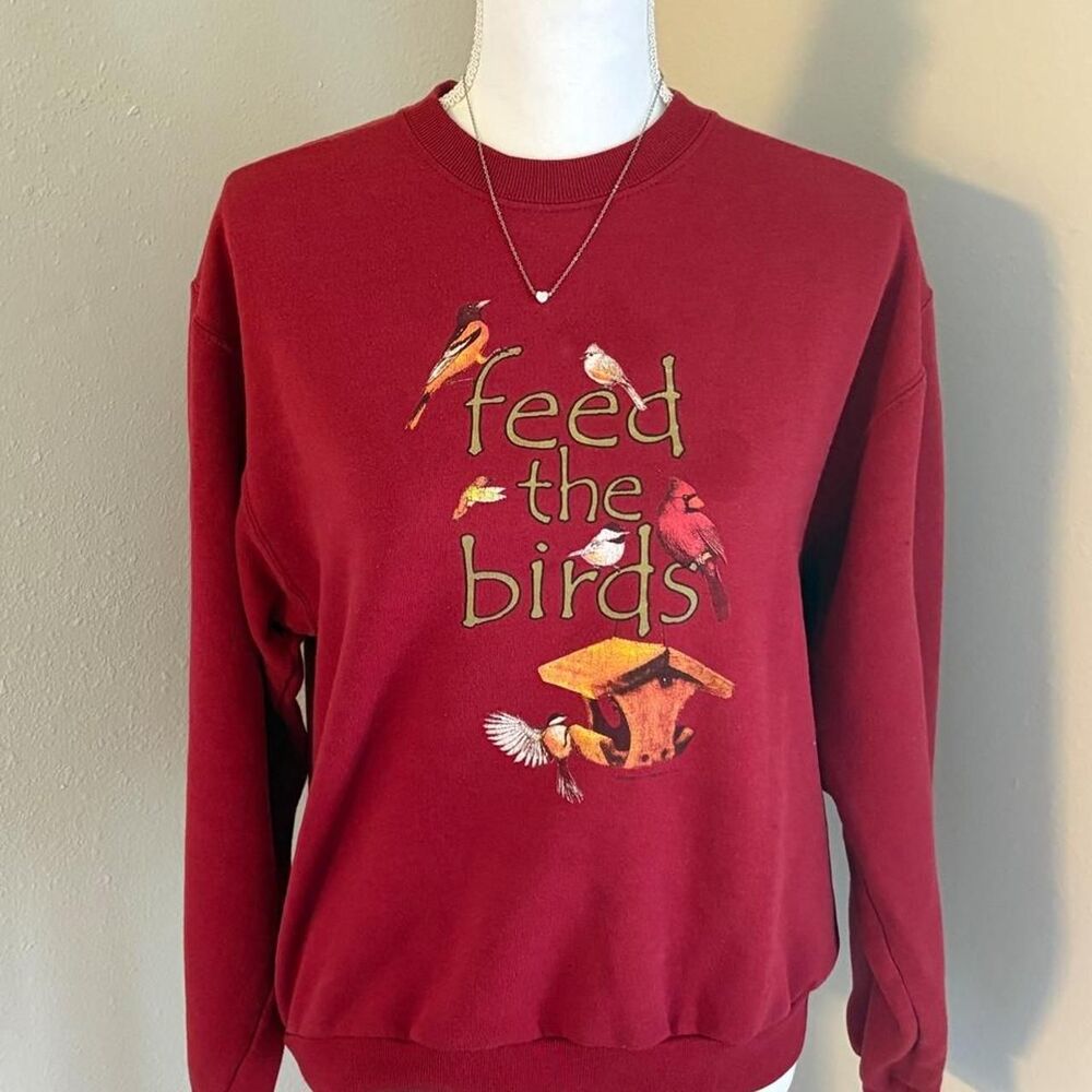 vintage Burgundy crewneck sweatshirt with 'Feed the Birds' graphic